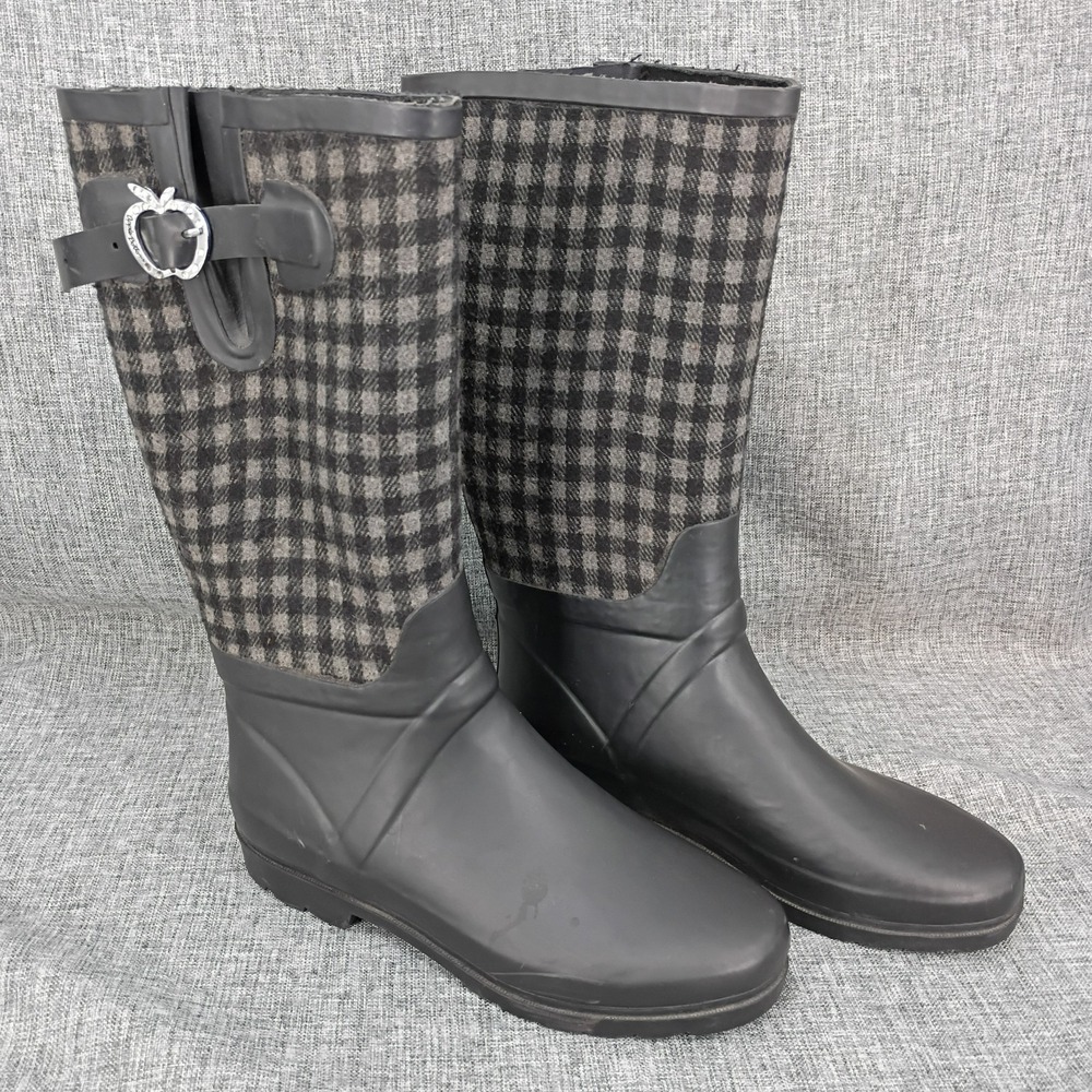 Apple Bottoms Womens 8 Plaid Rain Boots Black Gray Rhinestone Buckle Y2K Rubber